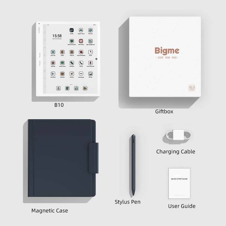 Contenido de la caja del Bigme B10: dispositivo, funda magnética, lápiz, cable y guía
