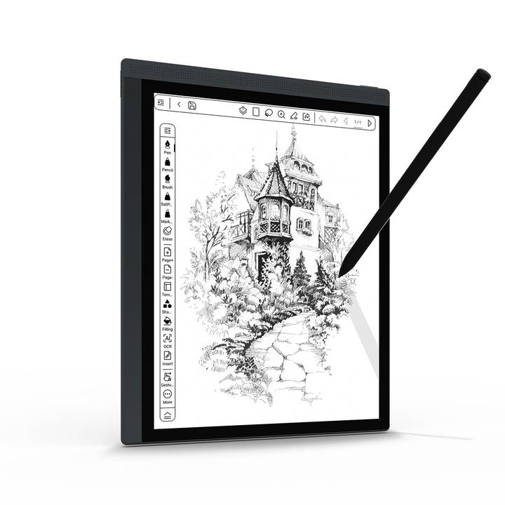 Bigme B1051 en blanco y negro con un dibujo en pantalla y el lápiz