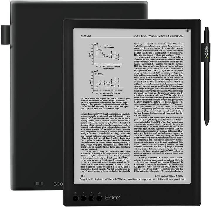 BOOX Max2 de frente con un documento y el lápiz, delante de su funda