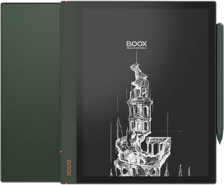 BOOX Note Air2 Plus junto a su funda verde, con el lápiz