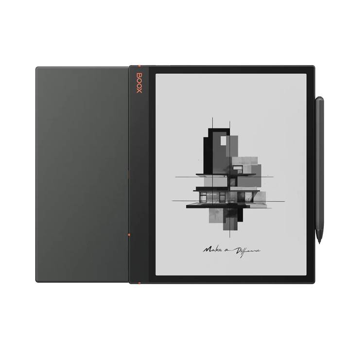 BOOX Note Air3 junto a la funda plegada y el lápiz