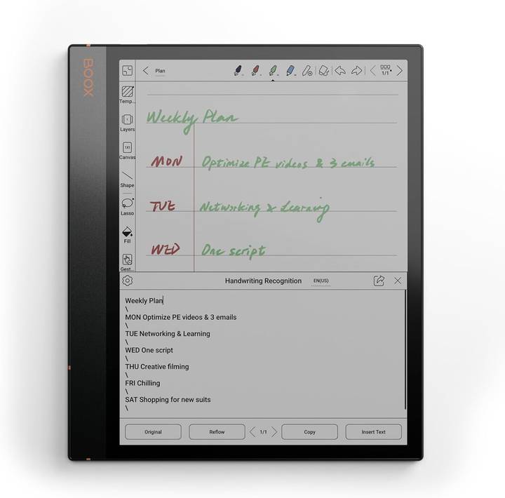 BOOX Note Air3 C con una agenda semanal escrita a mano en color