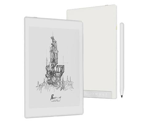 BOOX Nova Air2 delante de su funda, con el lápiz