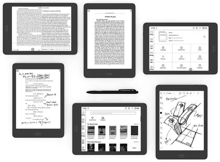 Varias pantallas del BOOX Nova2: lectura, notas y biblioteca
