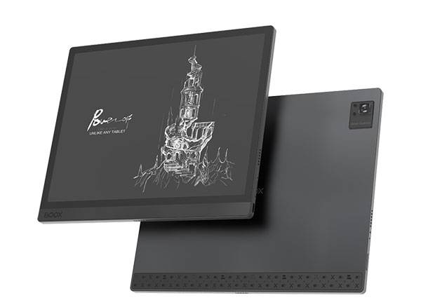 BOOX Tab Ultra en horizontal, vista frontal y trasera en ángulo