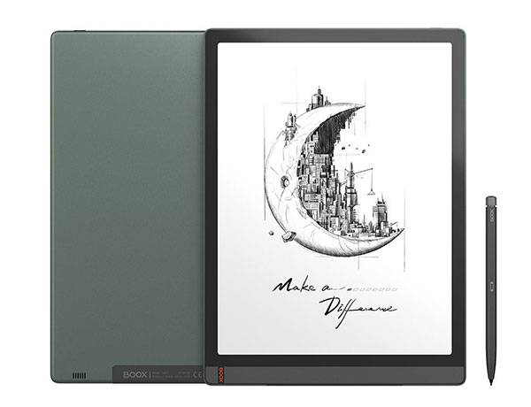 BOOX Tab X delante de su funda verde, con el lápiz