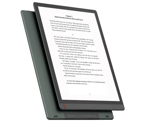 BOOX Tab X en ángulo con un libro abierto en pantalla