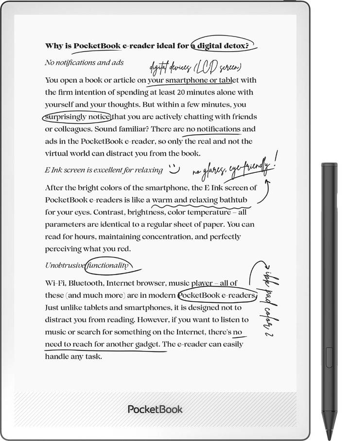 PocketBook InkPad One de frente con un texto anotado a mano y el lápiz PocketBook Stylus 2