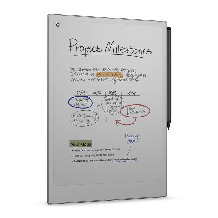 reMarkable Paper Pro de frente con notas a mano en color y el Marker