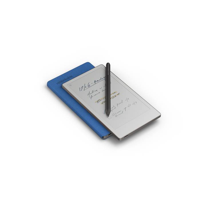 reMarkable Paper Pro Move sobre su funda Book Folio azul, con el Marker