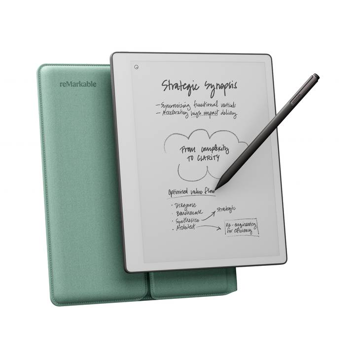 reMarkable Paper Pure sobre su funda verde, con el Marker